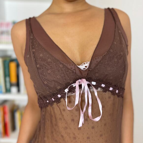 Vintage Sheer Brown Mesh Camisole with Pink Ribbon Detail (S/M) - Picture 2 of 9